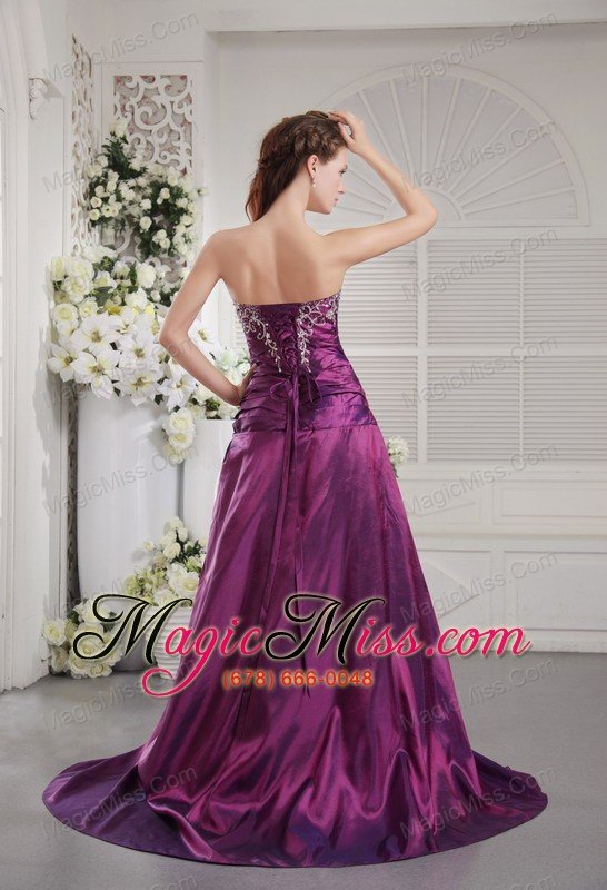 wholesale purple a-line / princess sweetheart brush train taffeta embroidery and ruch prom / graduation dress