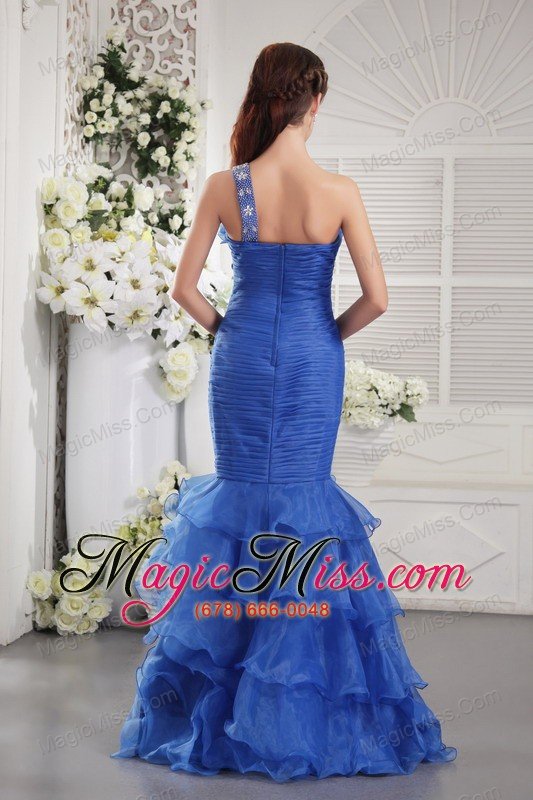 wholesale blue mermaid one shoulder floor-length orangza ruch and ruffles prom / graduation dress