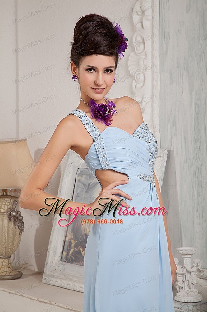 wholesale light blue empire one shoulder floor-length chiffon beading prom dress