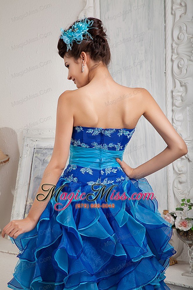 wholesale blue empire strapless floor-length organza appliques prom dress