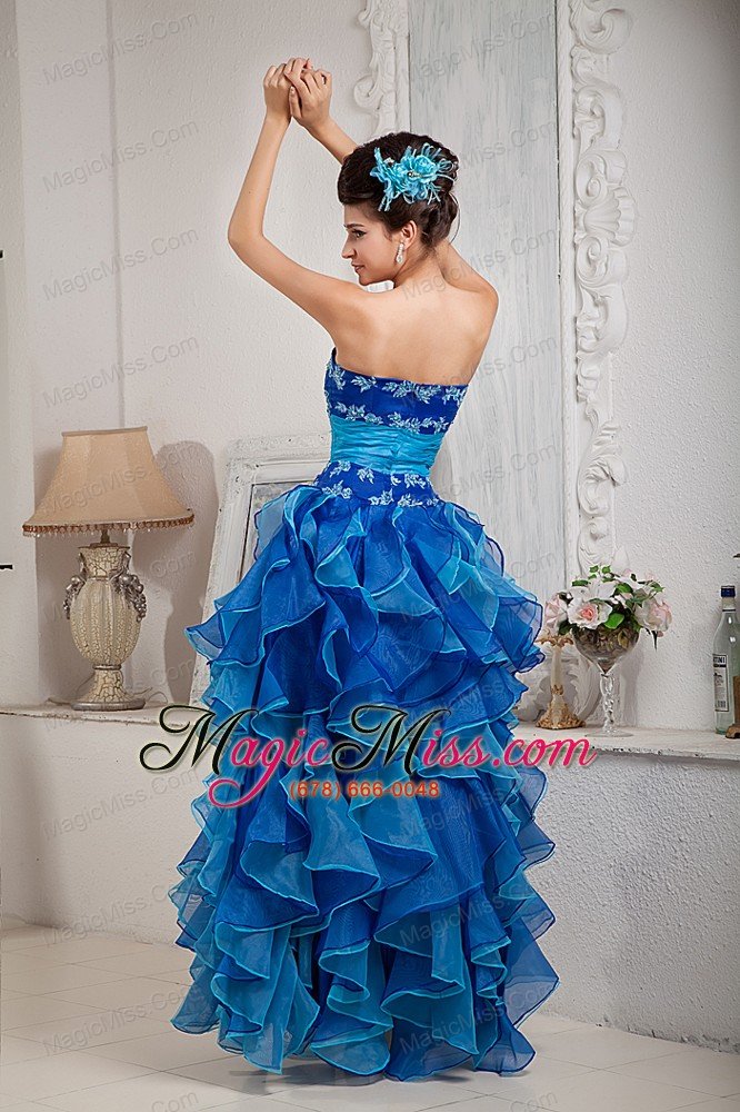 wholesale blue empire strapless floor-length organza appliques prom dress