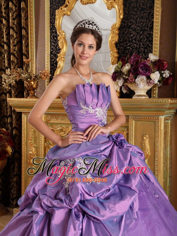 wholesale lavender ball gown strapless floor-length appliques taffeta quinceanera dress