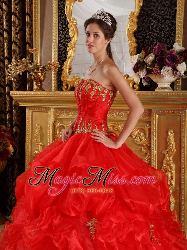 wholesale red ball gown strapless floor-length appliques organza quinceanera dress