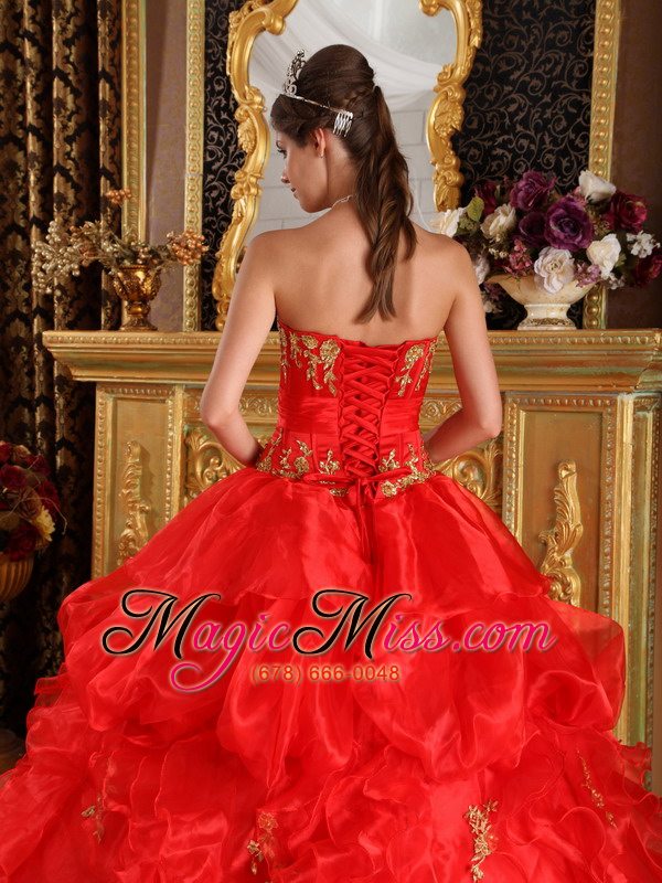 wholesale red ball gown strapless floor-length appliques organza quinceanera dress