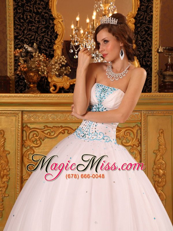 wholesale white ball gown strapless floor-length satin and organza beadingquinceanera dress