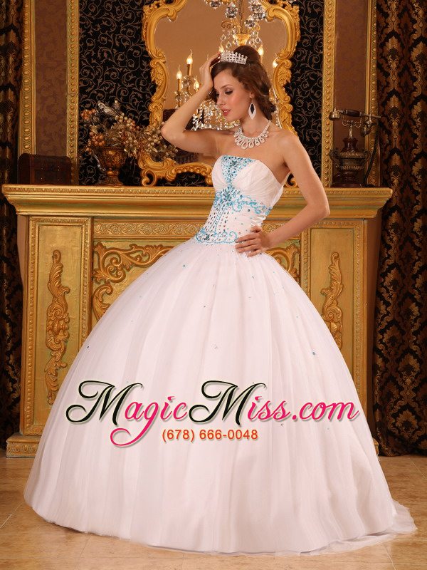 wholesale white ball gown strapless floor-length satin and organza beadingquinceanera dress