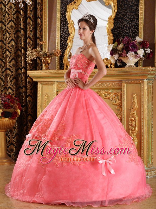 wholesale watermelon red ball gown strapless appliques organza quinceanera dress