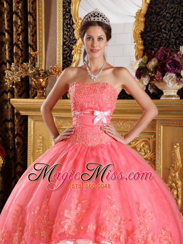wholesale watermelon red ball gown strapless appliques organza quinceanera dress