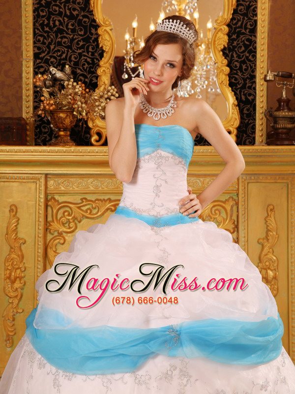 wholesale perfect ball gown strapless floor-length appliques satin and organza white quinceanera dress