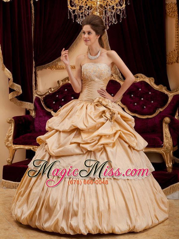 wholesale beautiful ball gown strapless floor-length taffeta appliques champagne quinceanera dress