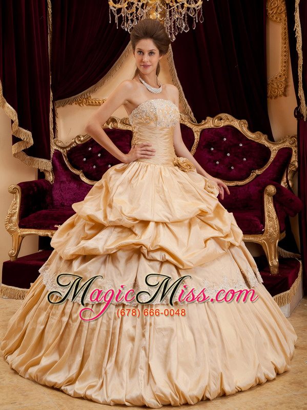 wholesale beautiful ball gown strapless floor-length taffeta appliques champagne quinceanera dress