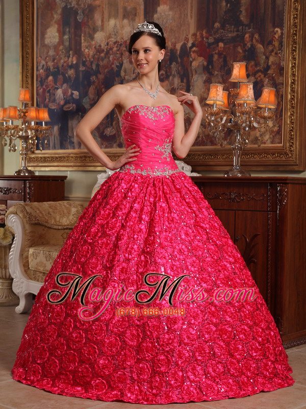 wholesale coral red ball gown strapless floor-length fabric with roling flowers appliques quinceanera dress