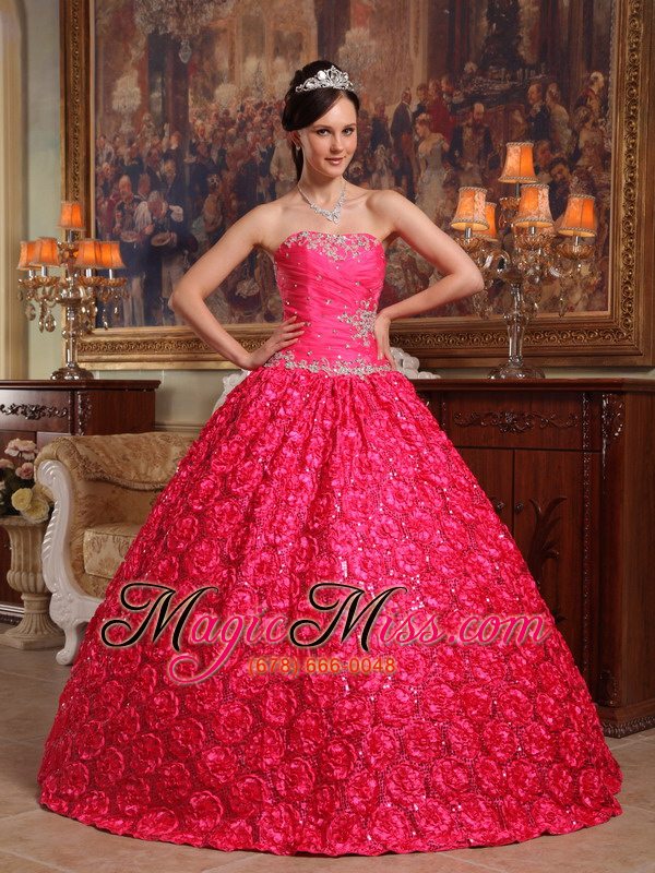 wholesale coral red ball gown strapless floor-length fabric with roling flowers appliques quinceanera dress
