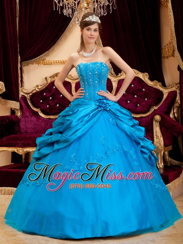 wholesale teal ball gown strapless floor-length taffeta and tulle lace appliques quinceanera dress