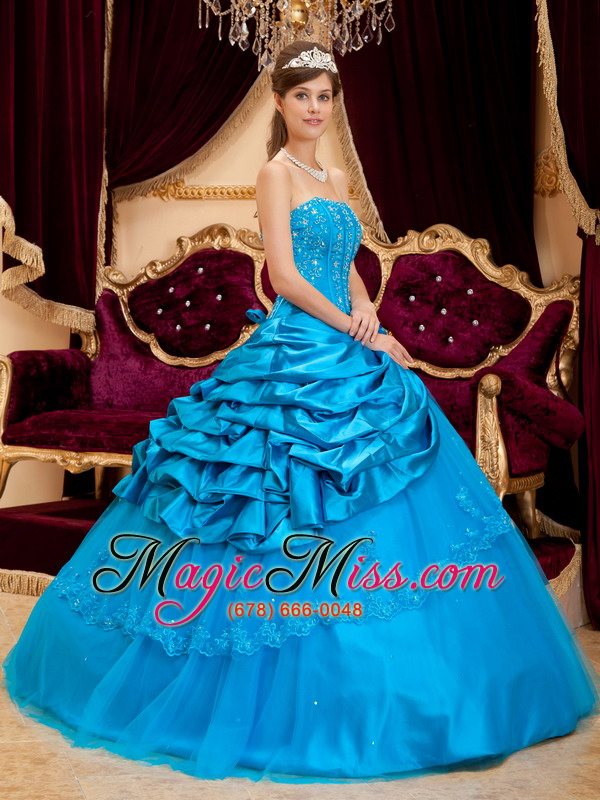wholesale teal ball gown strapless floor-length taffeta and tulle lace appliques quinceanera dress