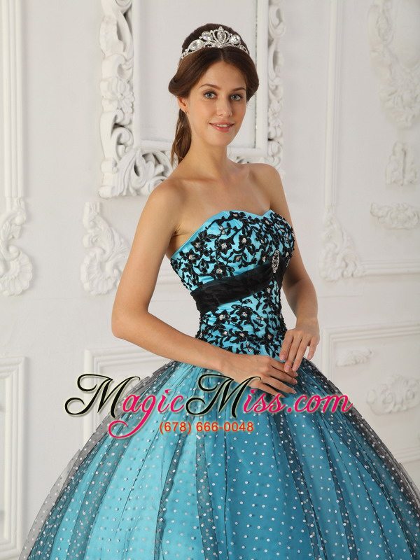wholesale black and blue ball gown strapless floor-length taffeta and tulle beading and appliques quinceanera dress