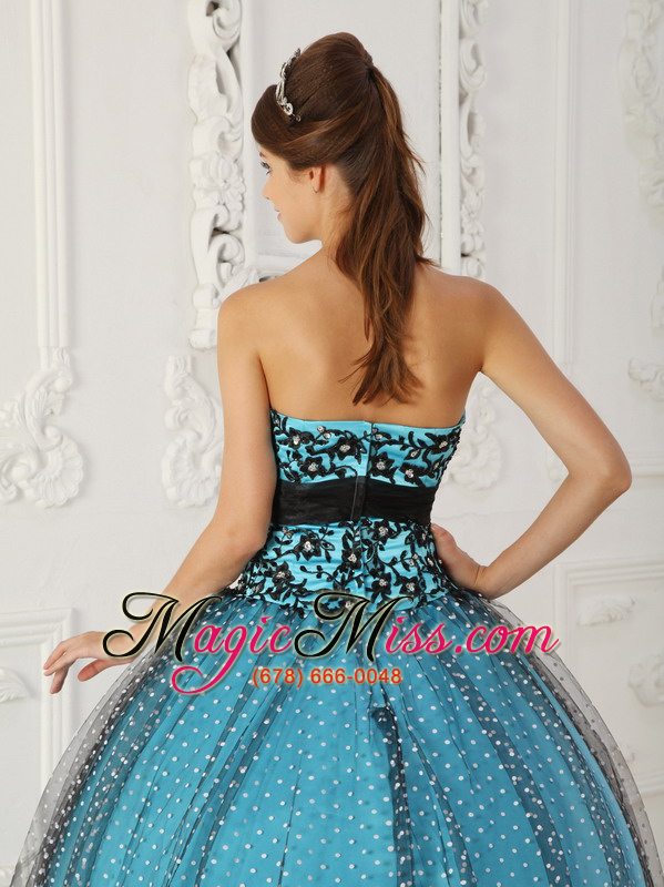 wholesale black and blue ball gown strapless floor-length taffeta and tulle beading and appliques quinceanera dress