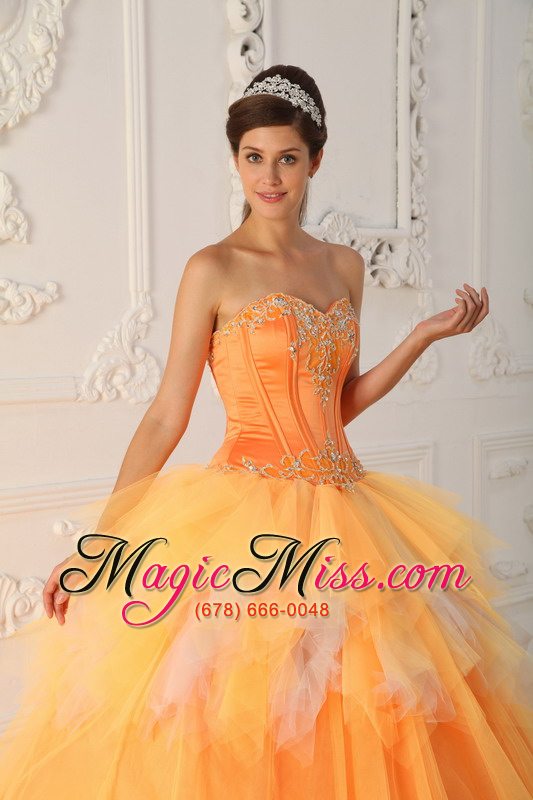wholesale orange a-line / princess sweetheart floor-length satin and tulle beading quinceanera dress