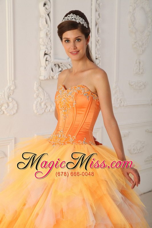 wholesale orange a-line / princess sweetheart floor-length satin and tulle beading quinceanera dress