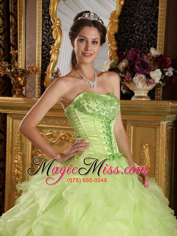 wholesale yellow green ball gown strapless floor-length satin and organza embroidery with beading quinceanera dress