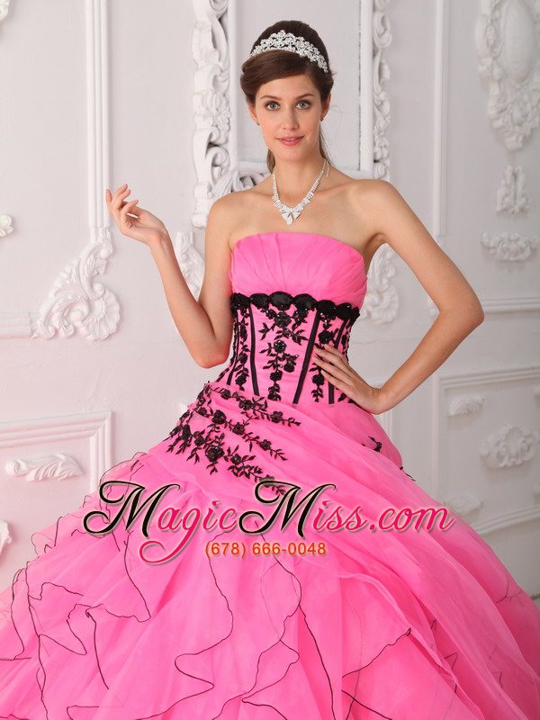wholesale sweet ball gown strapless floor-length appliques and ruffles hot pink quinceanera dress