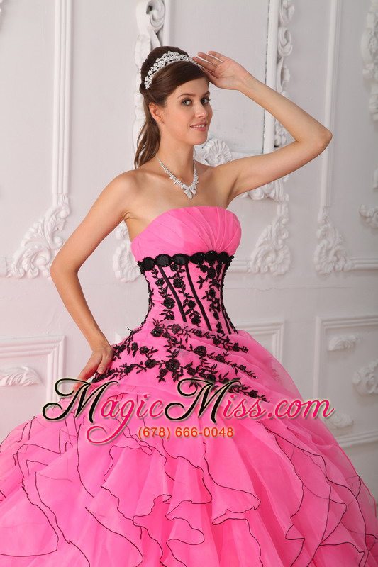 wholesale sweet ball gown strapless floor-length appliques and ruffles hot pink quinceanera dress