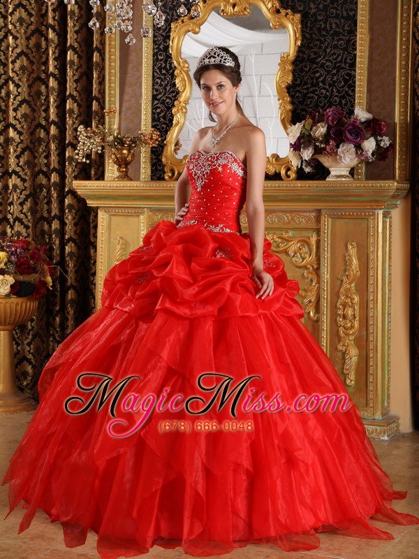 wholesale red ball gown sweetheart floor-length organza appliques with beading quinceanera dress