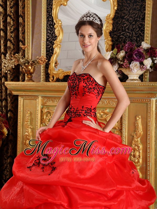wholesale red ball gown sweetheart floor-length satin and organza embroidery quinceanera dress