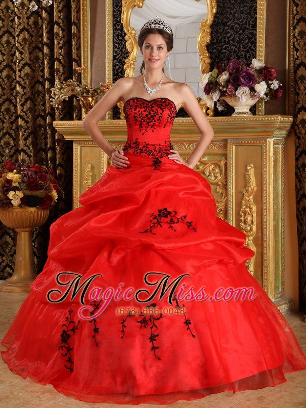 wholesale red ball gown sweetheart floor-length satin and organza embroidery quinceanera dress