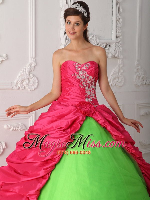 wholesale green and red ball gown sweetheart floor-length taffeta appliques and ruch quinceanera dress