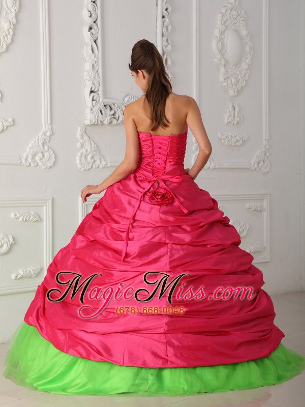 wholesale green and red ball gown sweetheart floor-length taffeta appliques and ruch quinceanera dress