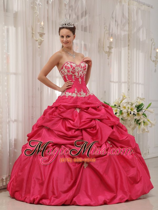 wholesale coral red ball gown sweetheart floor-length taffeta appliques quinceanera dress