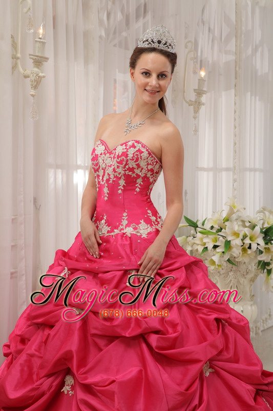 wholesale coral red ball gown sweetheart floor-length taffeta appliques quinceanera dress