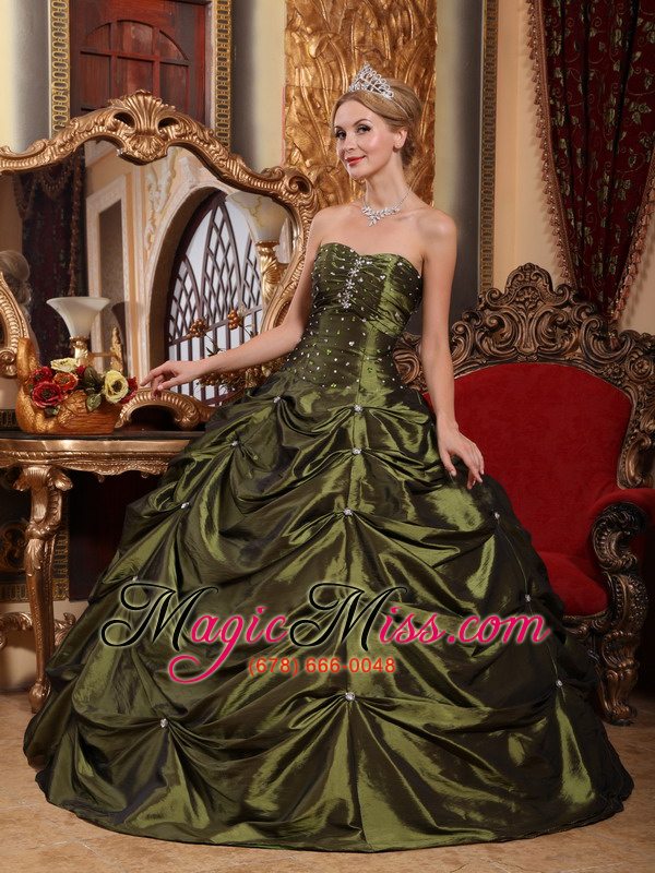 wholesale olive green ball gown strapless floor-length taffeta beading quinceanera dress