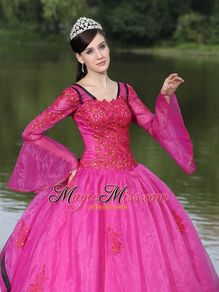 wholesale the most popular long sleeves appliques decorate fushsia quinceanera dress with v-neck