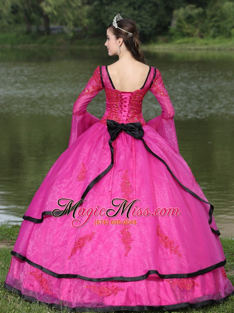 wholesale the most popular long sleeves appliques decorate fushsia quinceanera dress with v-neck