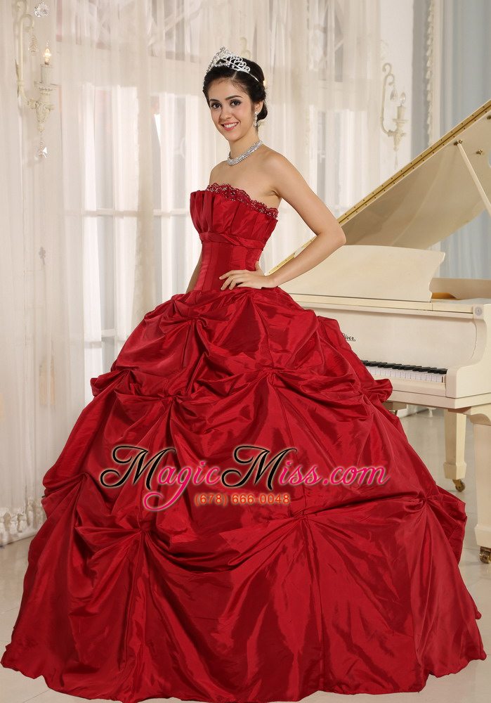 wholesale wine red ball gown quinceanera dress with pick-ups for custom made taffeta in haiku city hawaii