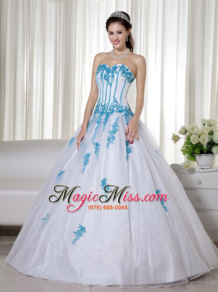 wholesale white ball gown sweetheart floor-length taffeta and organza appliques quinceanera dress