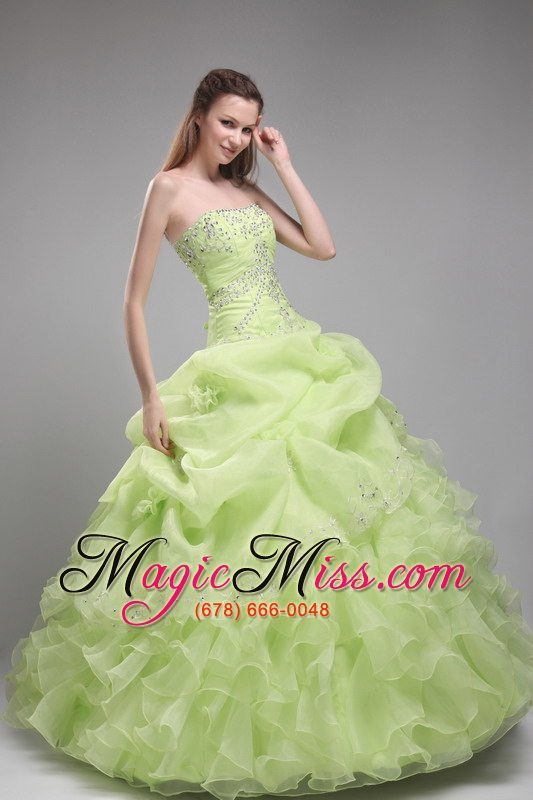wholesale spring green ball gown strapless floor-length orangza beading and ruffles quinceanera dress