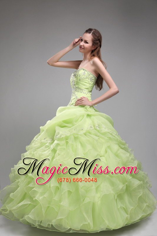 wholesale spring green ball gown strapless floor-length orangza beading and ruffles quinceanera dress