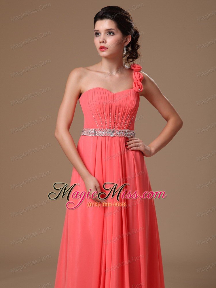wholesale one shoulder watermelon beaded decorate waist chiffon hand made flowers prom gowns for custom made in 2013