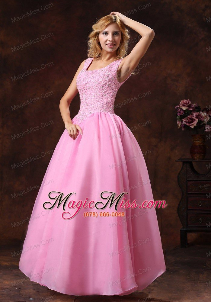 wholesale rose pink wide straps neckline lace-up princess bridesmaid dress for wedding party appliques decorate