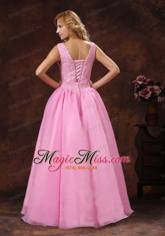 wholesale rose pink wide straps neckline lace-up princess bridesmaid dress for wedding party appliques decorate