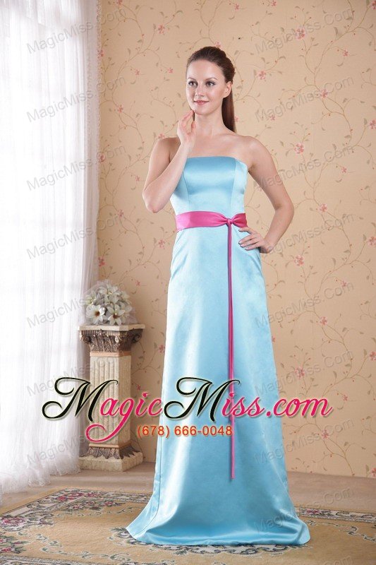 wholesale light blue empire strapless brush train satin sash prom dress