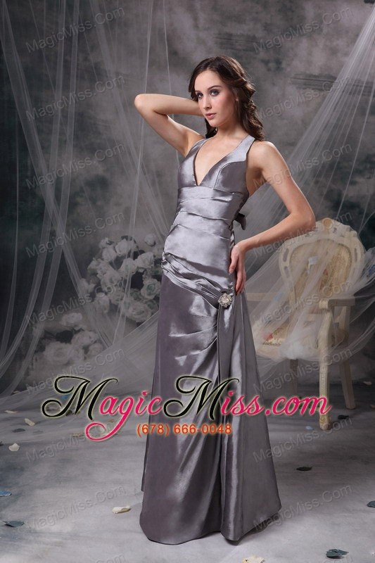 wholesale sliver a-line v-neck floor-length taffeta beading and ruch prom / celebrity dress