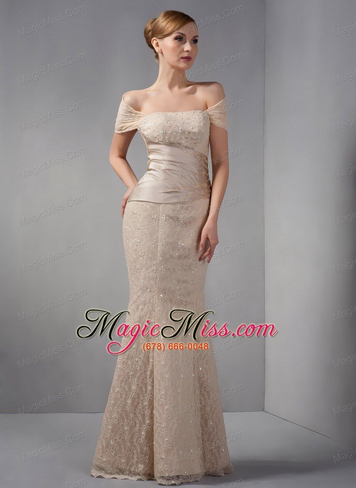 wholesale champagne mermaid off the shoulder floor-length lace beading prom dress