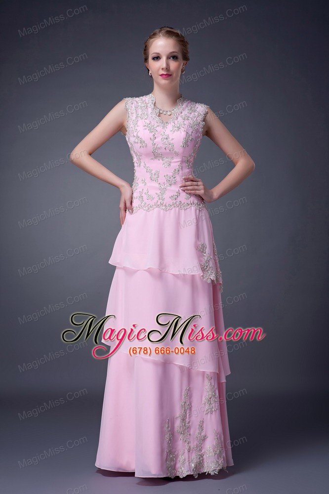 wholesale customize baby pink empire v-neck mother of the bride dress chiffon floor-length appliques