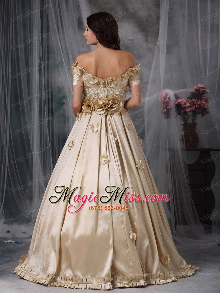 wholesale champagne a-line off the shoulder floor-length taffeta hand made flowers prom / evening dress