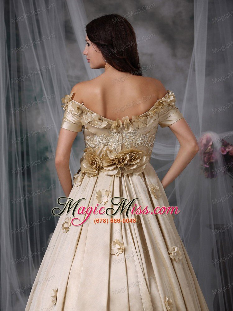 wholesale champagne a-line off the shoulder floor-length taffeta hand made flowers prom / evening dress