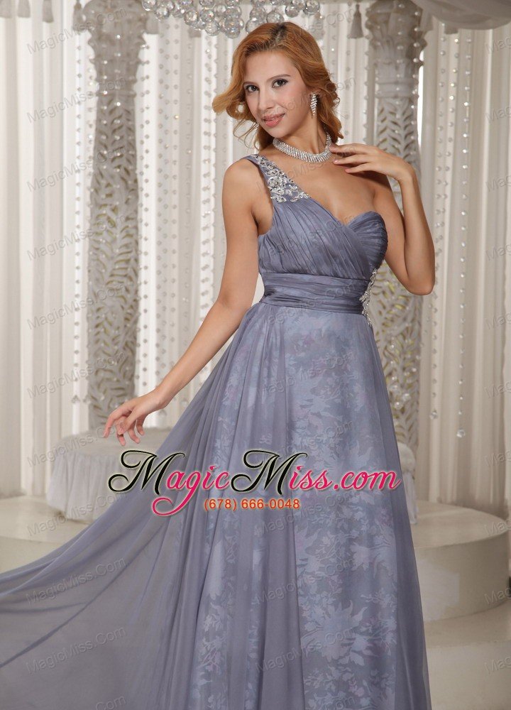 wholesale custom made gray one shoulder ruched bodice and appliques prom celebrity dress